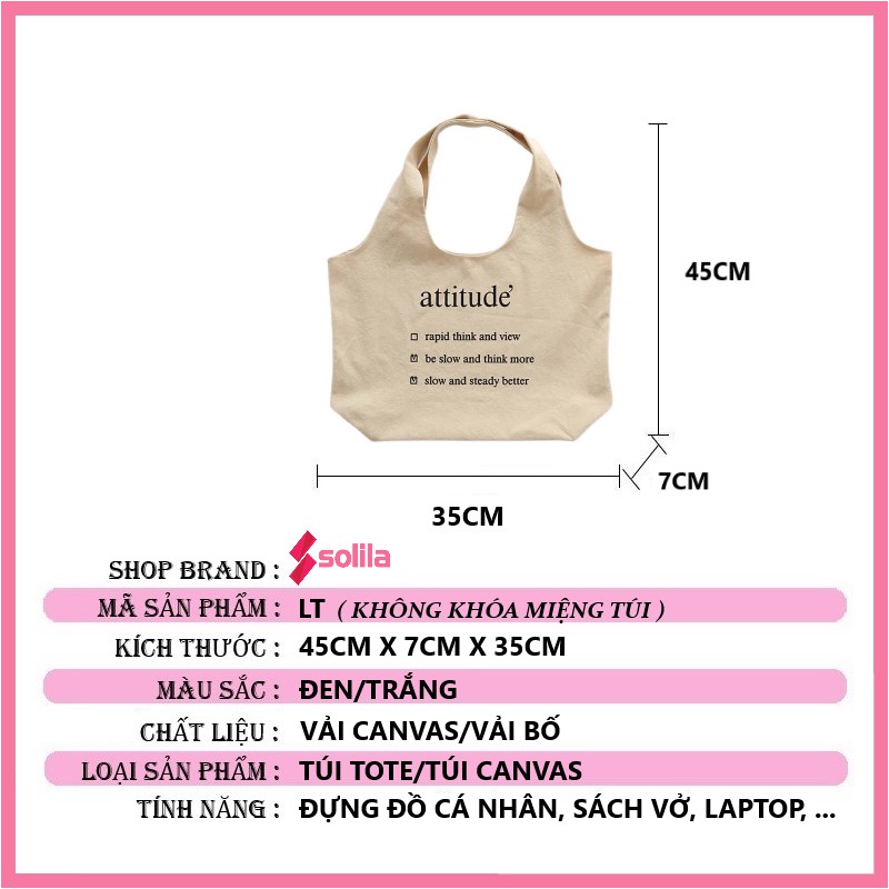 [HÀNG LOẠI A] Túi tote vải canvas Attitude liền quai không khóa miệng túi đi học đi chơi phong cách free style