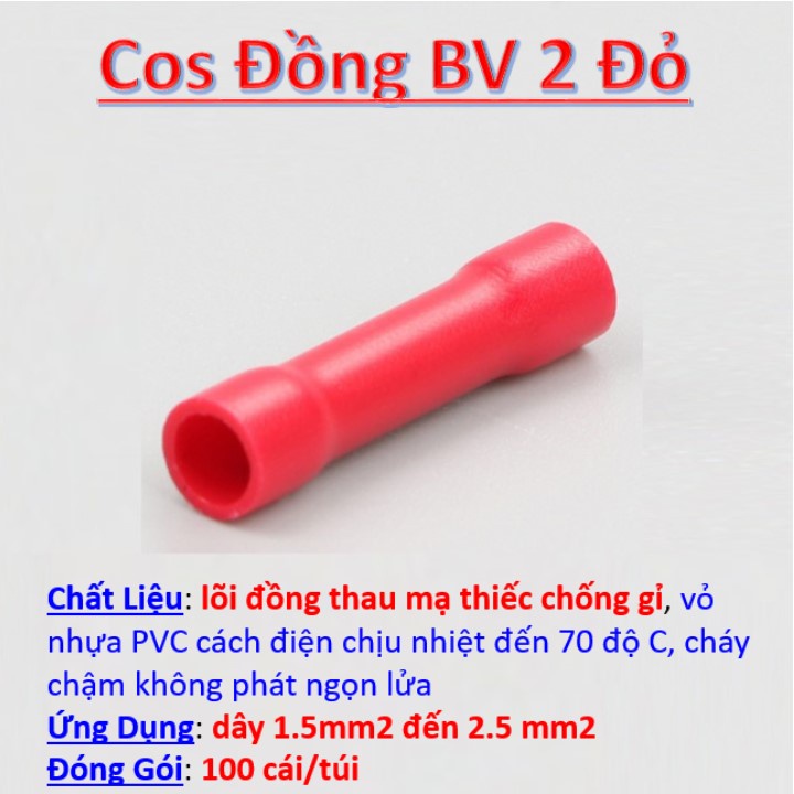 Đầu cos nối thẳng 100cái 💥 cút cosse bọc phủ nhựa BV 2, cốt bấm dây điện 1.5mm đến 2.5mm bằng đồng