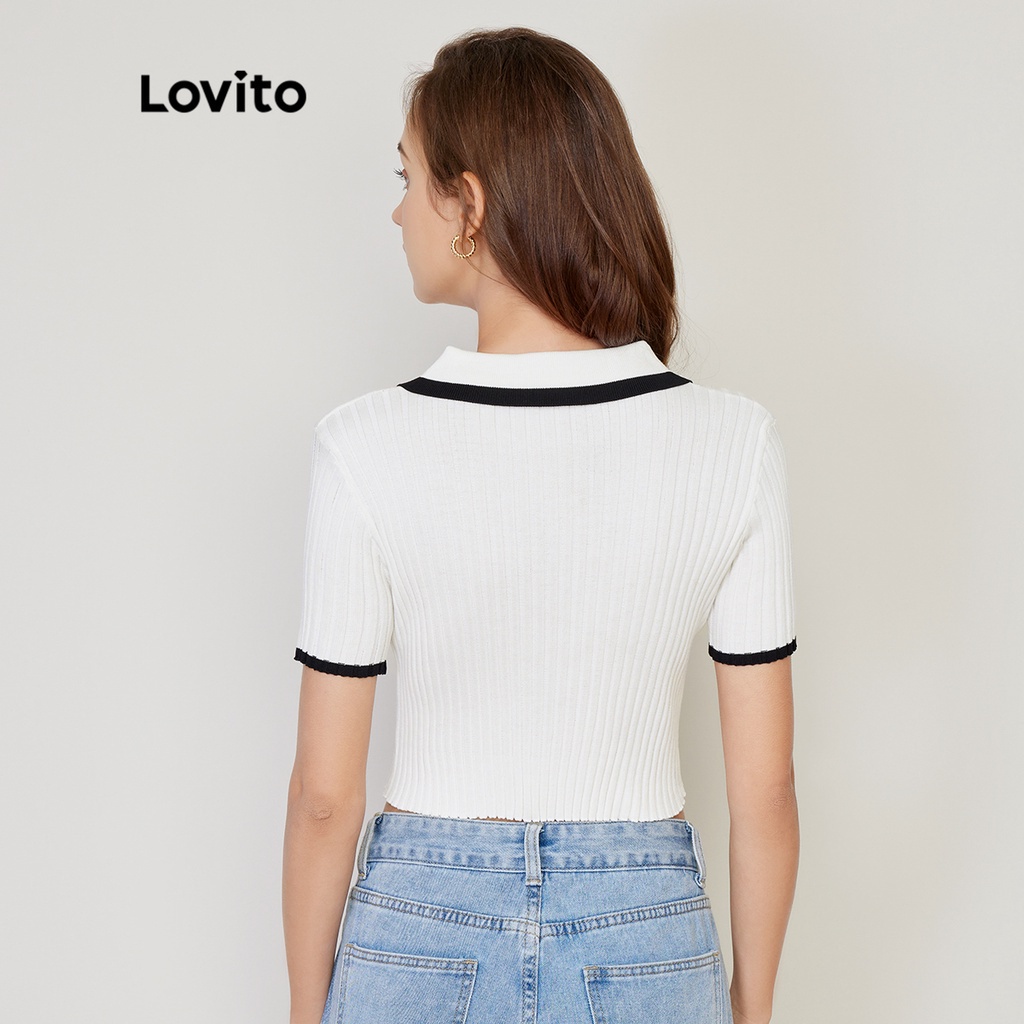 Đan hàng đầu Lovito Cổ áo nút chặn màu trơn Bình thường L27AD008 (Trắng)