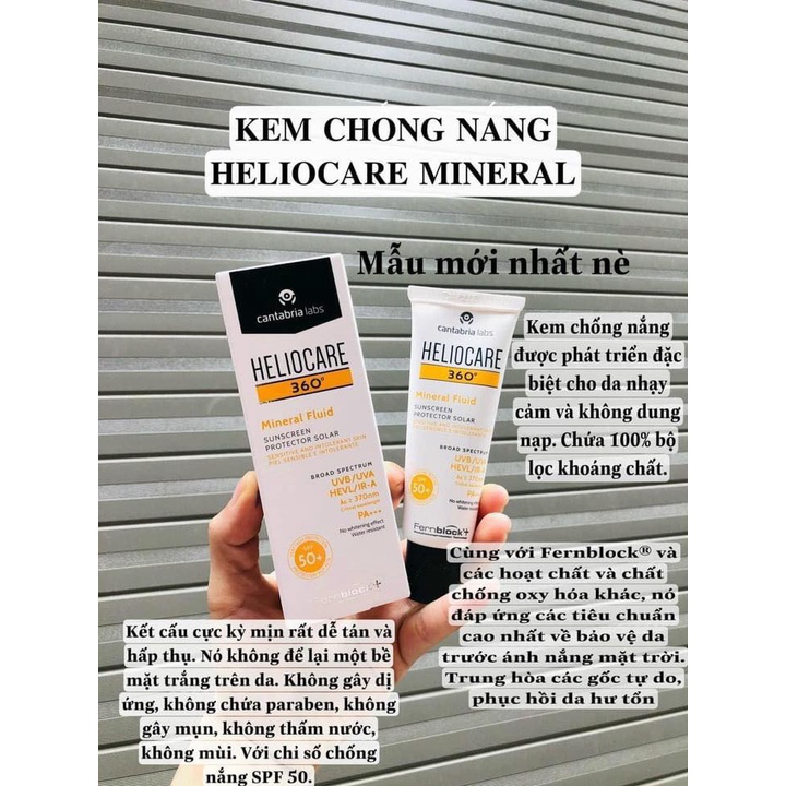 Kem Chống Nắng Heliocare 360 Mineral Fluid SPF 50+ - KEM CHỐNG NẮNG VẬT LÝ, KIỀM DẦU, PHỔ RỘNG