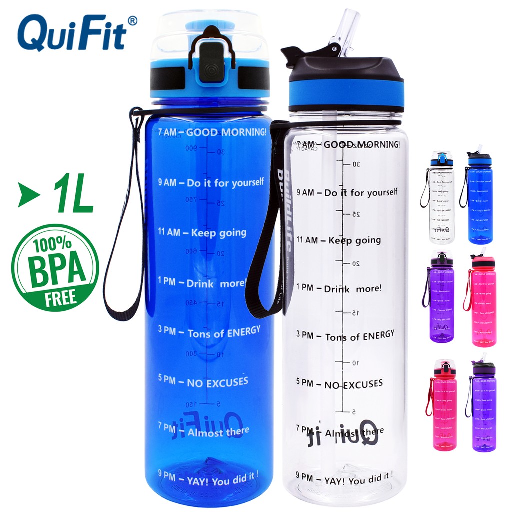 QuiFIt 1L Chai Nước Thể Thao Bằng Tritan Không BPA Có Ống Hút/Nắp Lật Và Đánh Dấu Thời Trang Dung Tích