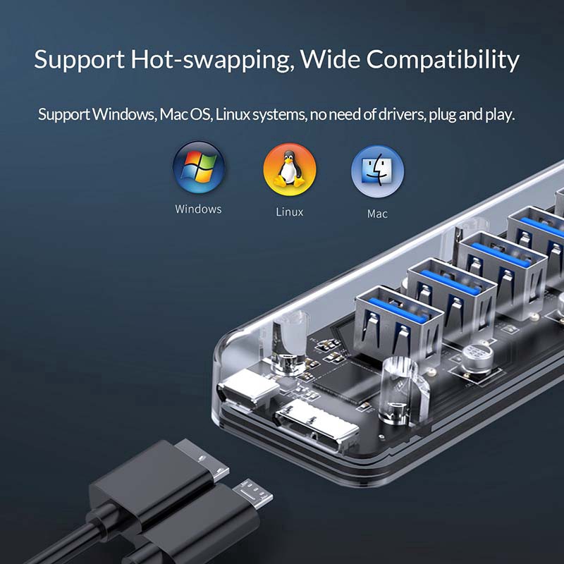 Hub ORICO F7U-U3 7 cổng USB 3.0 vỏ trong suốt công tắc bật/ tắt dành cho máy tính