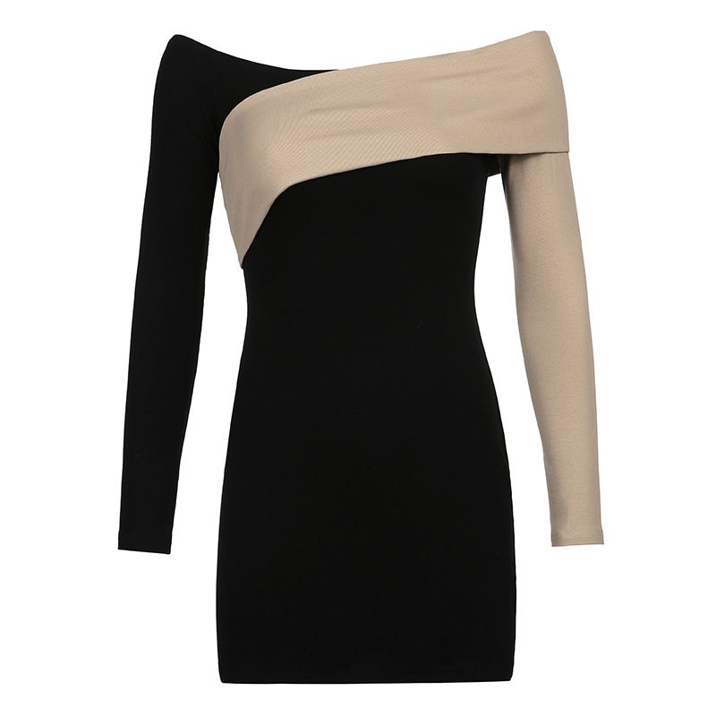 Váy dáng ôm hở vai màu sắc tương phản thời trang quyến rũ cho nữ