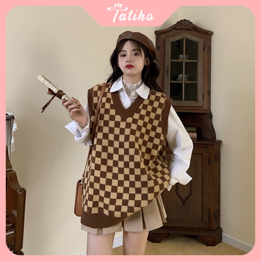 Áo Gile Len Trơn ( Áo Không Tay) Thời Trang Vintage Họa Tiết Caro Hottrend Thời Trang Thu Đông - Tatiho - Mã AK015