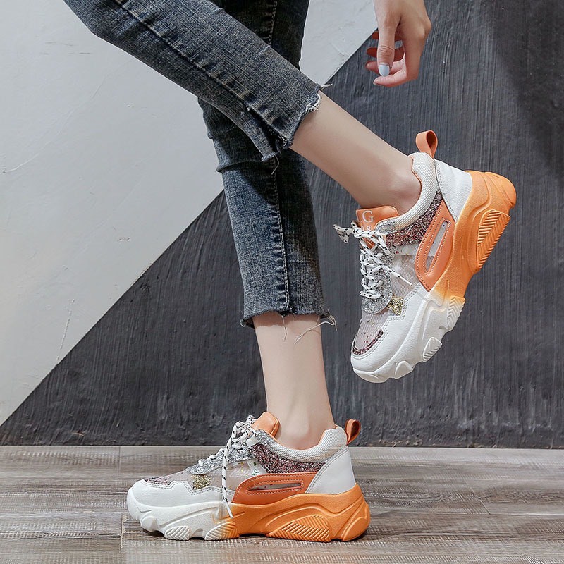 (Sẵn Hàng Full Box) Giày nữ,giày thể thao sneaker lưới thoáng nhũ kim tuyến đế 2 màu siêu đẹp