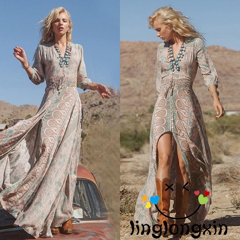 Đầm maxi chiffon cổ V xẻ tà phong cách boho gợi cảm | BigBuy360 - bigbuy360.vn