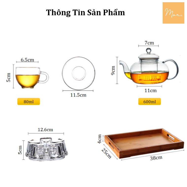 (Tặng nến viên) Bộ ấm trà thủy tinh chịu nhiệt - 600ml (Quai tròn)