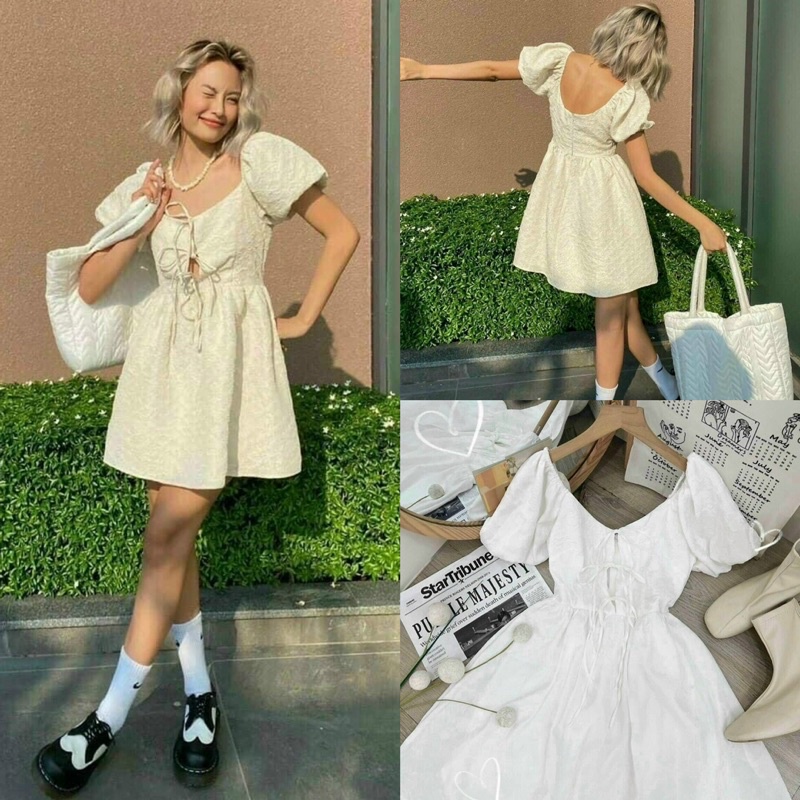 Đầm babydoll trắng hoa chìm cột nơ (Freesize)