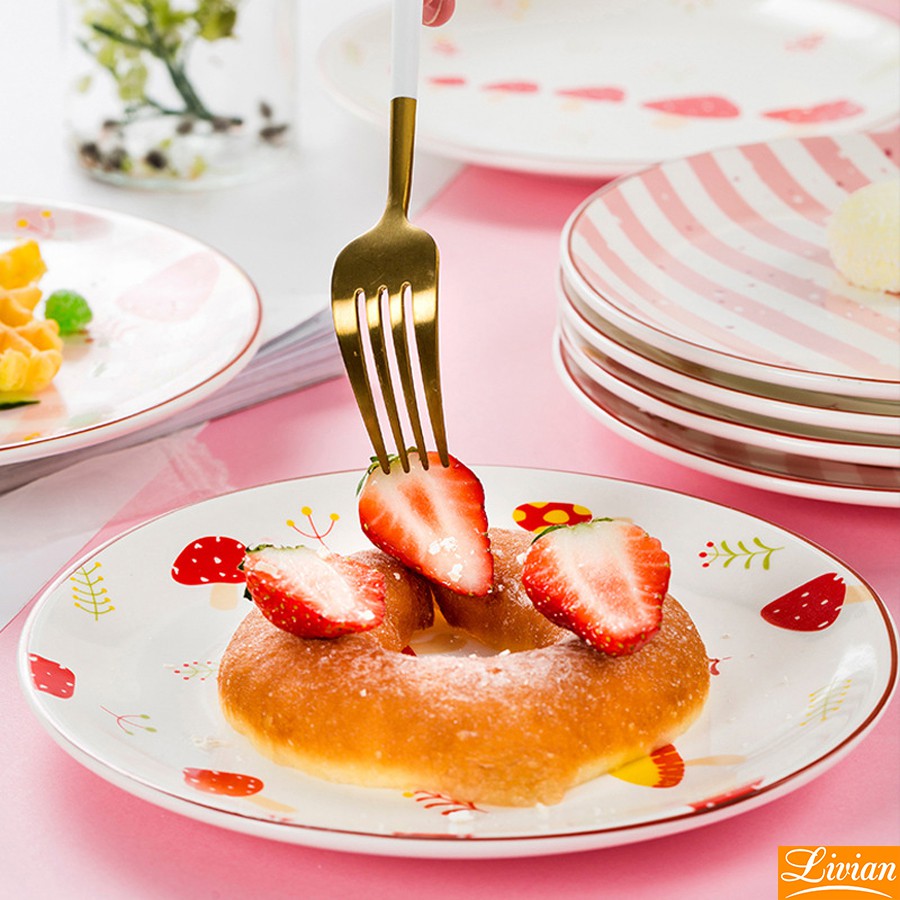 Sét 4 đĩa nấm lùn, đĩa sứ trang trí bàn ăn họa tiết nấm hồng cực xinh 20.3cm