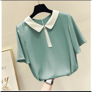 ÁO KIỂU NỮ CỔ LÁ SEN PHỐI NÚT TAY BÈO