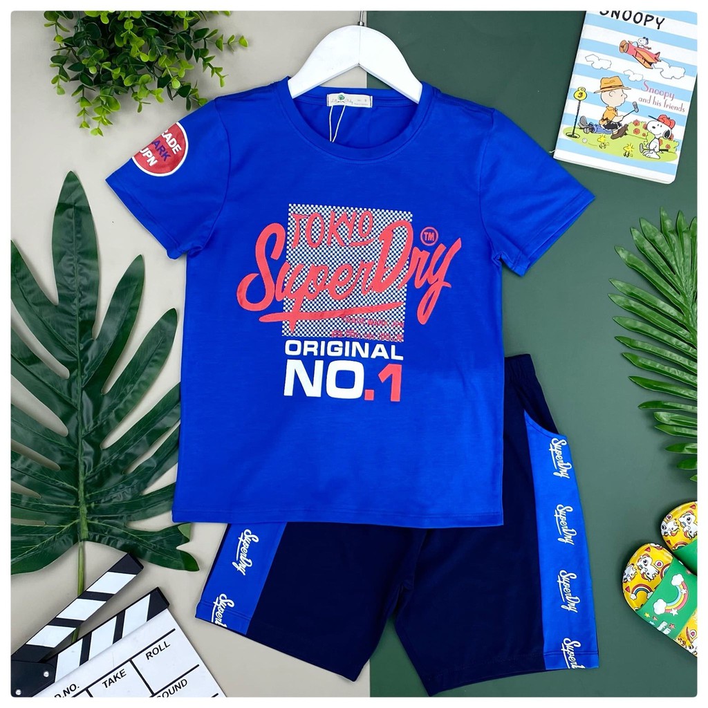 Bộ cotton cao cấp in chữ Super dry cực ngầu, chất mặc cực thích cho bé trai từ 27-54kg