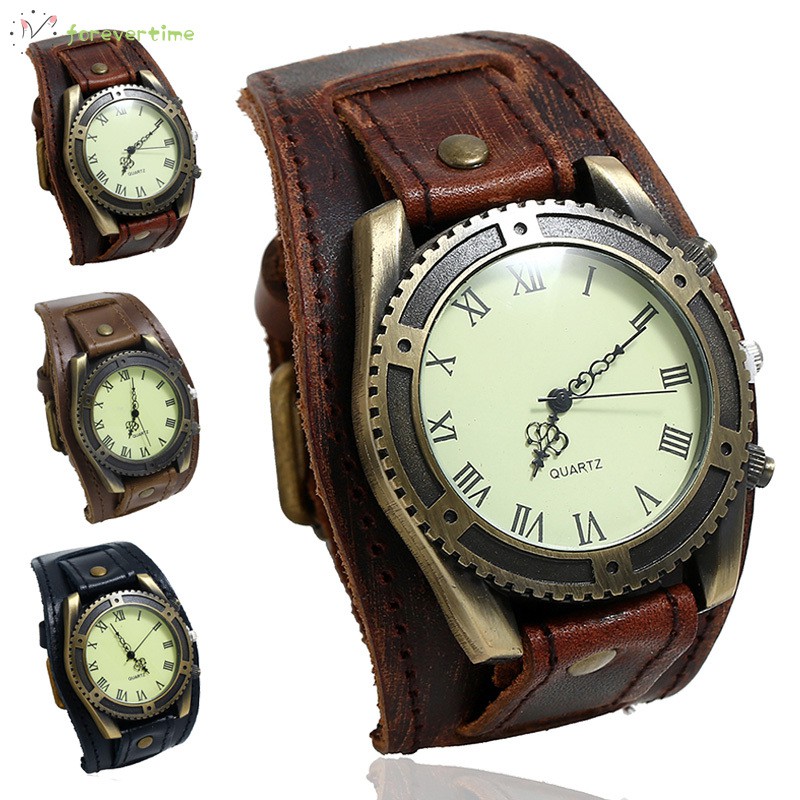 ☞ Phụ kiện trang sức☜ Men Watches Punk Vintage Cow Leather Wristwatch Roman Numbers Dial Casual Watch Gift