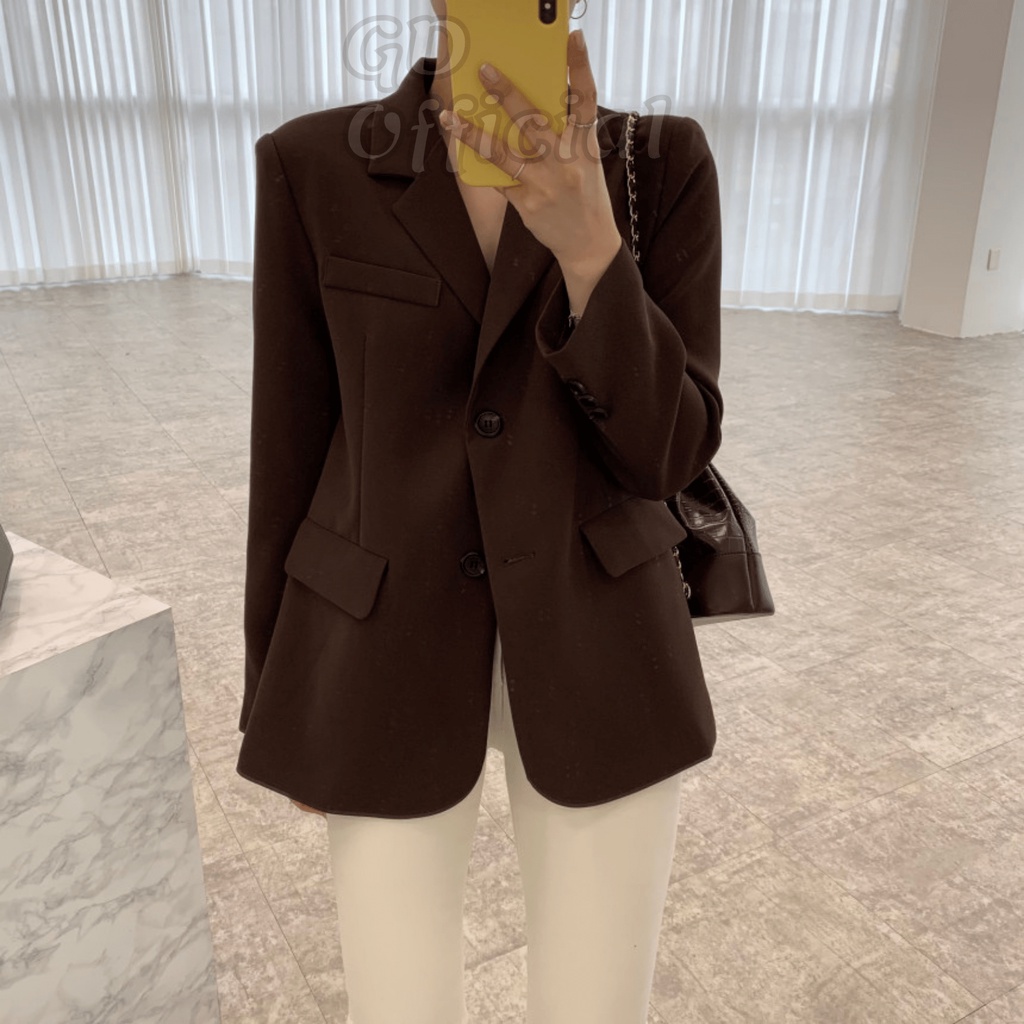 K75|Áo khoác blazer dài tay cổ điển chất cotton dày dặn thiết kế thanh lịch cho nữ dài tay rộng rãi đen, nâu,GD Official