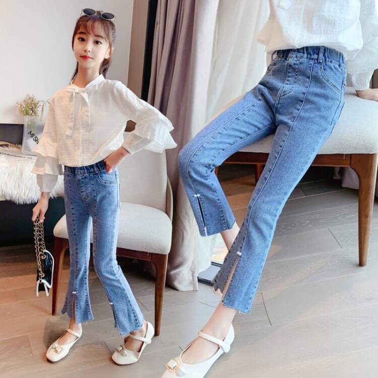 Quần jeans dài ống loe cực xinh cho bé gái 16-30kg