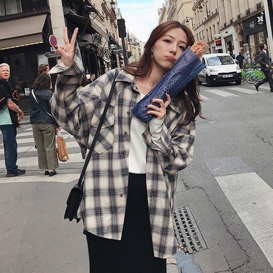 Áo Sơ Mi Nữ Dài Tay Sọc Caro Thời Trang