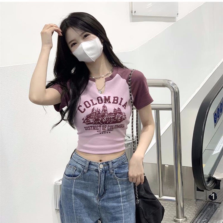 COZOKC COZOK Áo thun COZOK ngắn tay dáng ôm in họa tiết phối màu tương phản dễ thương xinh xắn