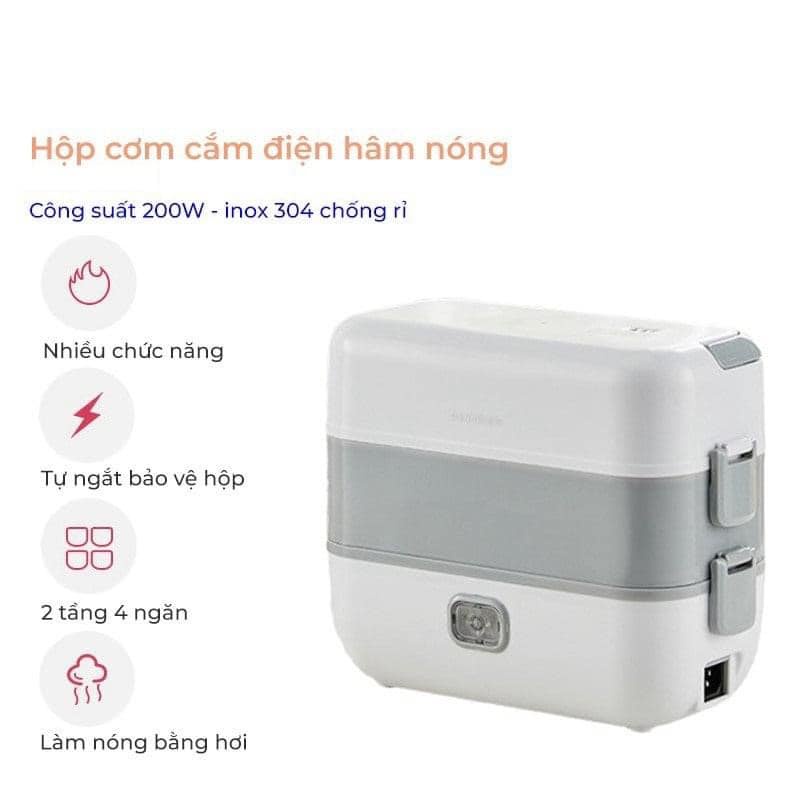 Hộp cơm cắm điện Bucook giữ nhiệt cực lâu - 2 ngăn 4 bát Inox - Tiện lợi, An toàn - Lỗi 1 đổi 1, Bảo hành 12 tháng