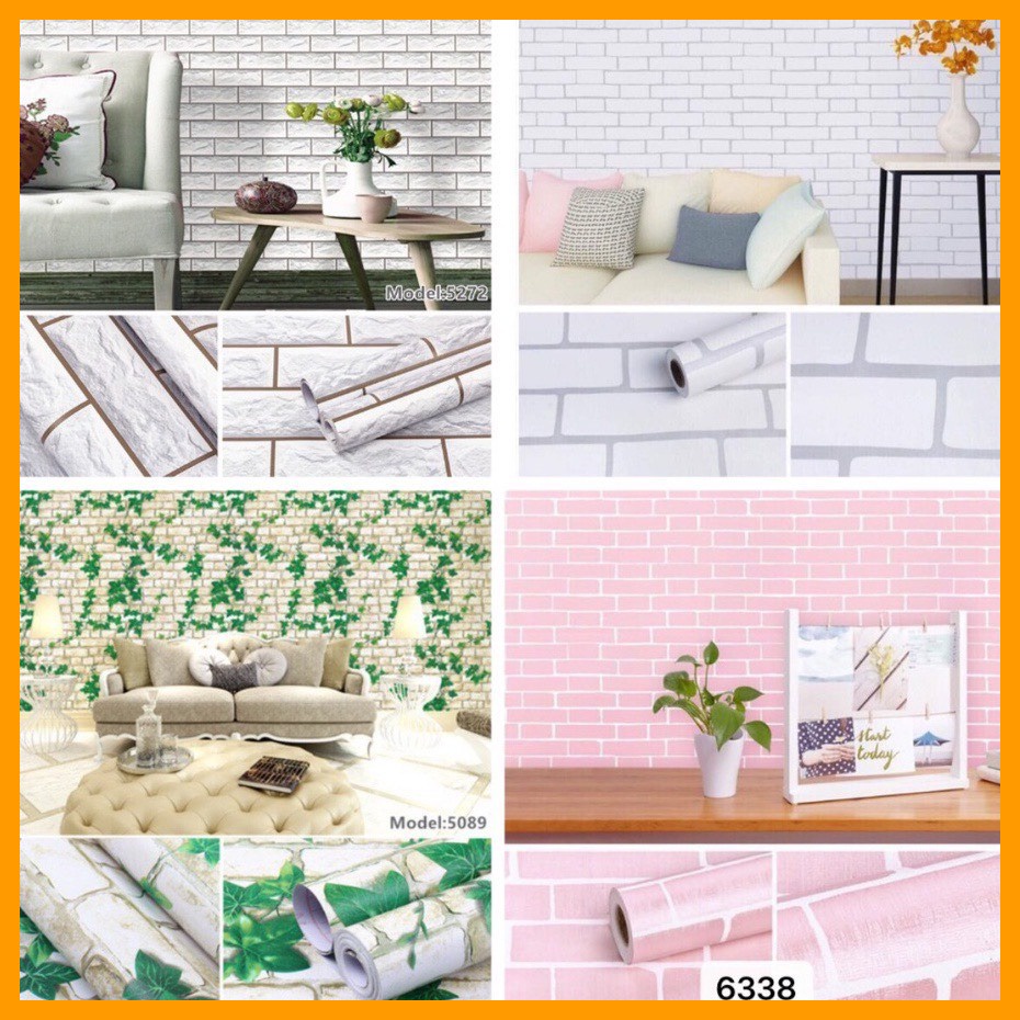 Giấy dán tường giả gạch- gỗ sẵn keo nhiều mẫu (Dài 10m x rông 45cm), decal dán tường phòng khách, decor trang trí phòng.