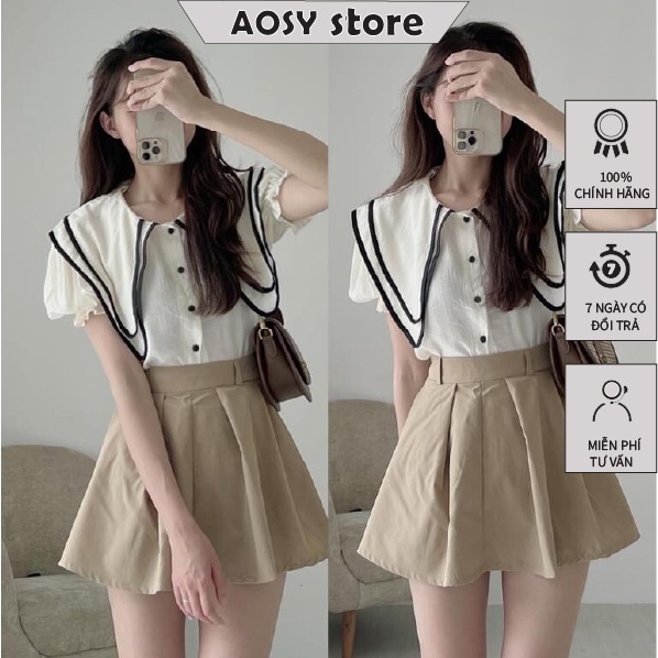 Sét bộ áo viền cổ thủy thủ mix váy bóng chày tennis AOSY STORE mã 1152