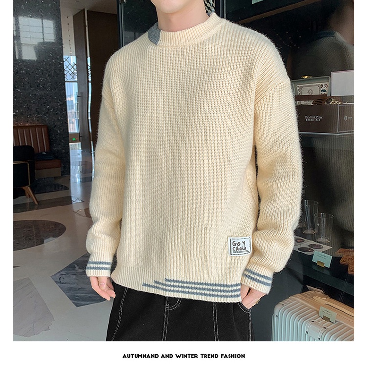 Áo len nam cao cấp tay vá gấu cá tính, Áo len nam phối màu trẻ trung thời trang hàn quốc -1996 BLUE