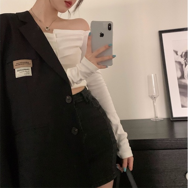 SUXI Áo Croptop Trễ Vai Tay Dài Màu Sắc Trơn Thời Trang Mùa Thu Cho Nữ