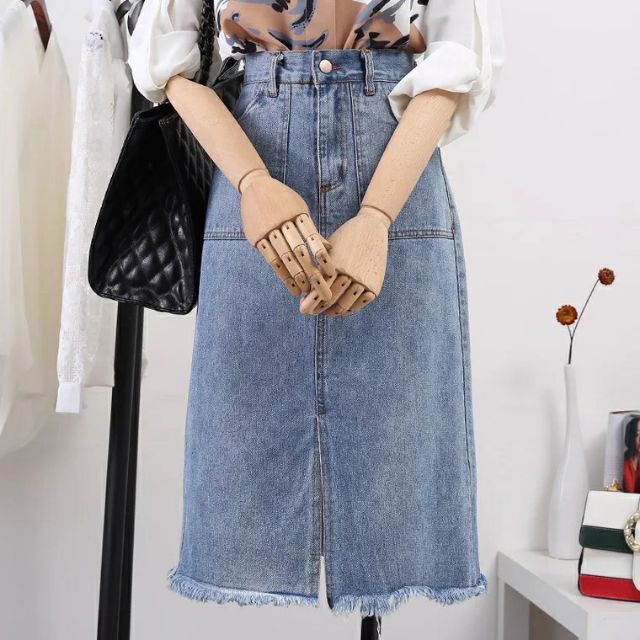 Chân váy bò ngang gối hàng Quảng Châu bán shop hình thật