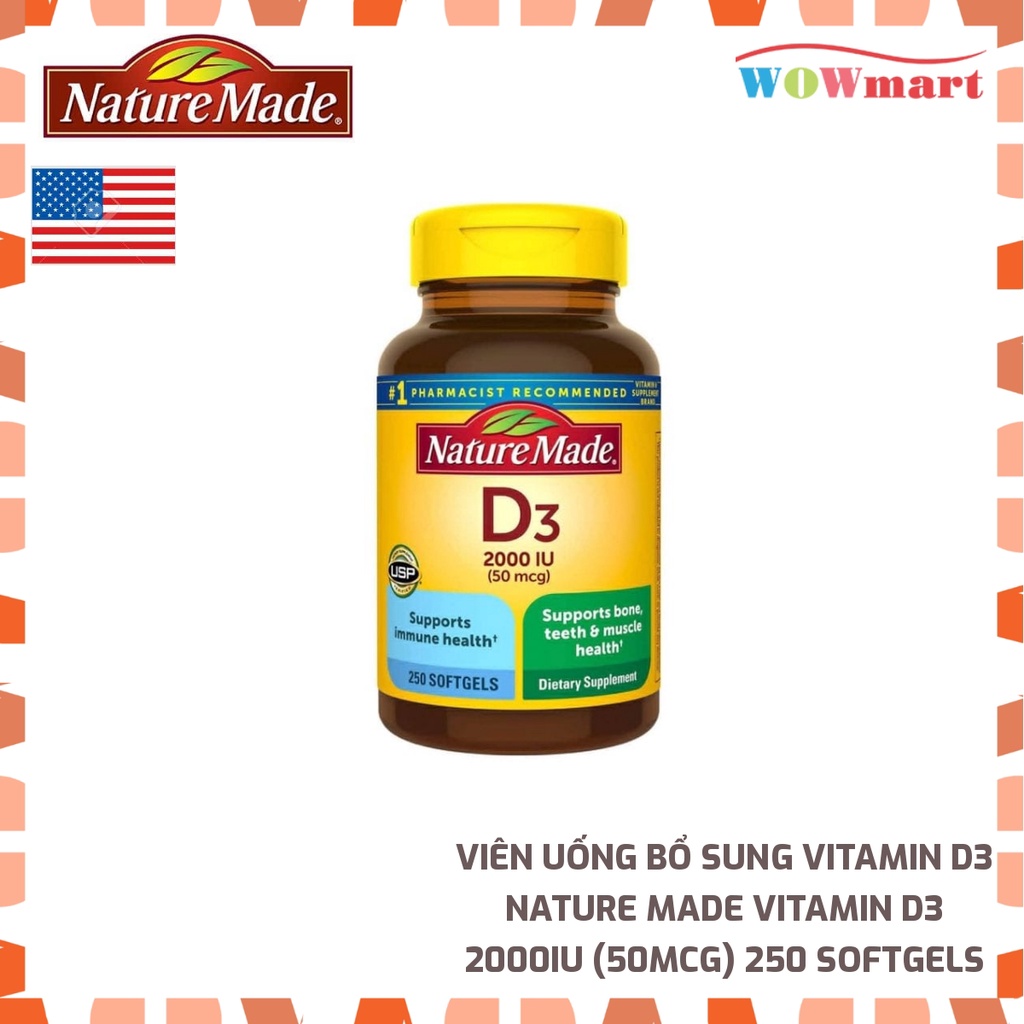 Viên uống bổ sung Vitamin D3 Nature Made Vitamin D3 2000IU (50mcg) 250 Softgels