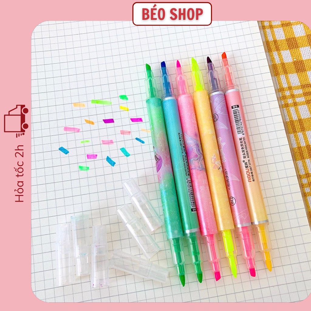 Bộ 6 bút dạ quang highlight Béo shop bút nhớ đánh dấu 2 đầu nhiều màu tiện lợi B06