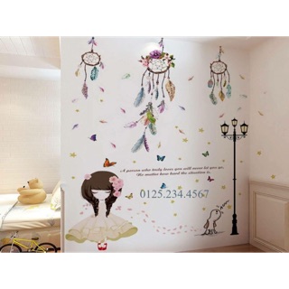 Decal dán tường Combo 2 tranh cô gái cột đèn + lưới giấc mơ ( Dreamcatcher )