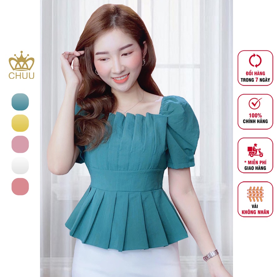 Áo peplum cổ vuông sơ mi tay phồng kiểu che bụng nữ đẹp CHUU A6697