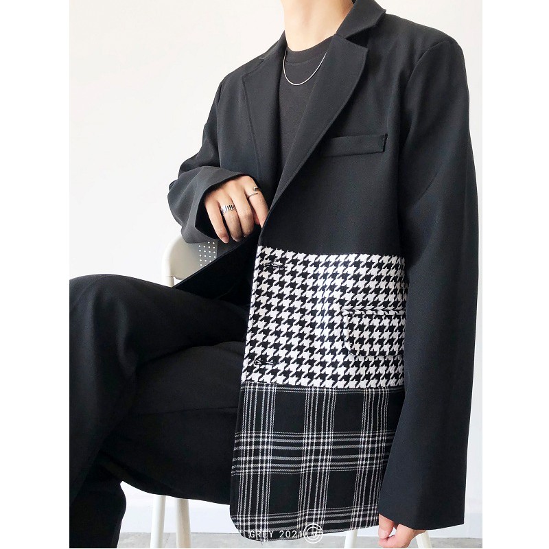 Áo khoác blazer vest nam from rộng màu kẻ đen phong cách Hàn Quốc Menstore90