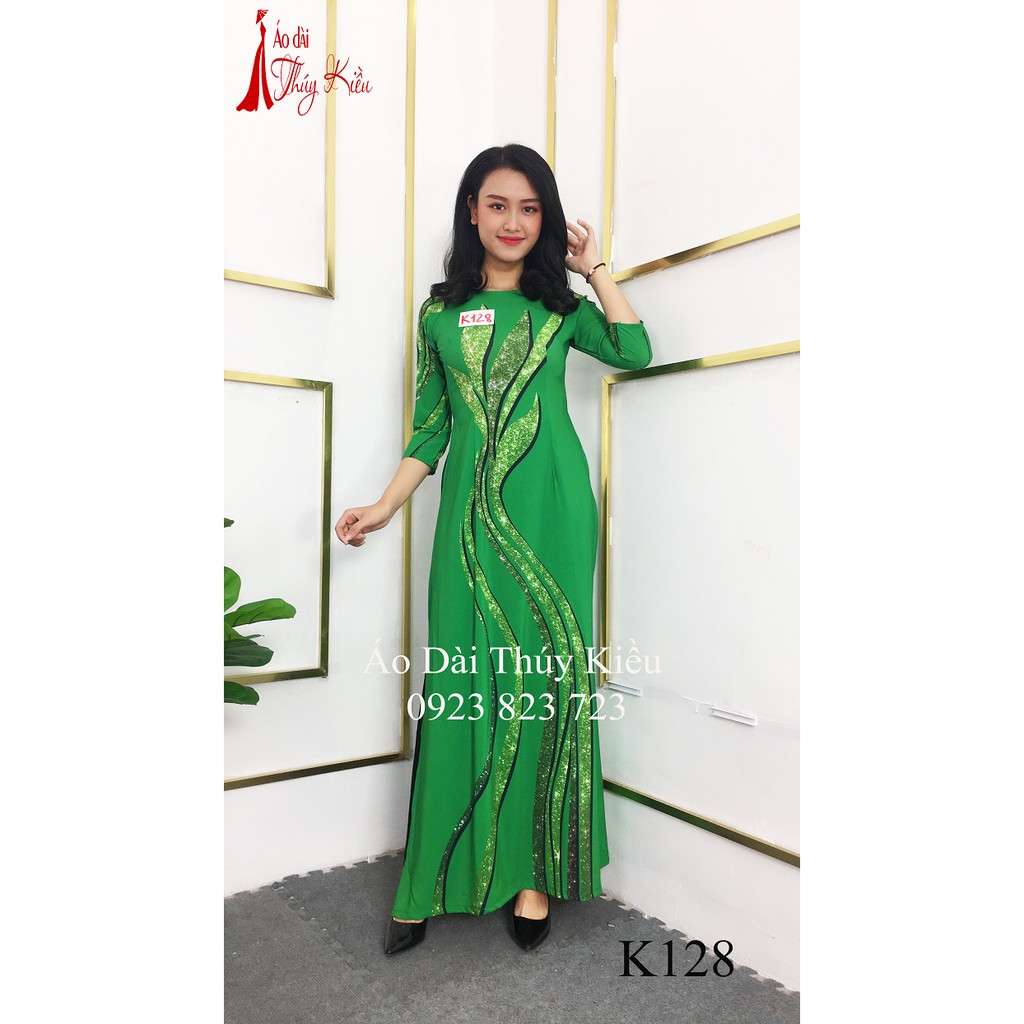Áo dài nữ may sẵn trung niên thiết kế đẹp cách tân tết nền xanh K128 Thúy Kiều mềm mại, co giãn, áo dài giá rẻ