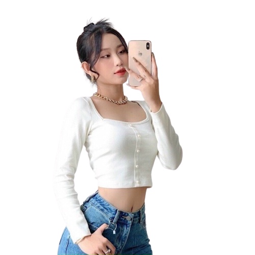 Áo Croptop Tay Dài Cổ Vuông MASSEC Áo Thun Gân Đính Ngọc GG2213