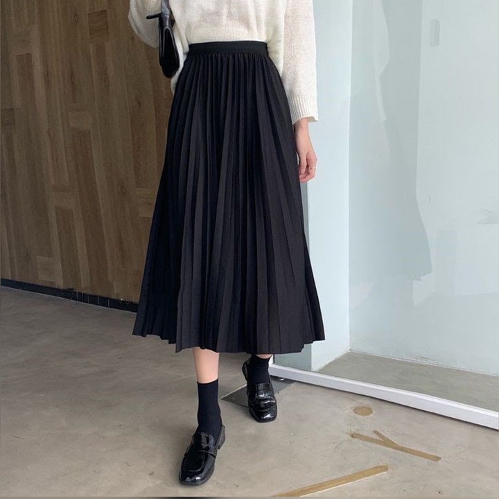 Chân váy nữ trơn, Chân váy dài xếp ly voan đen cạp chun DASKI