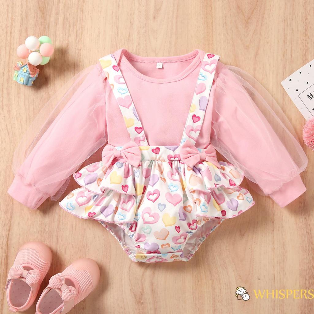 Bộ áo liền quần tay dài cổ tròn + quần short in họa tiết trái tim xinh xắn cho bé gái