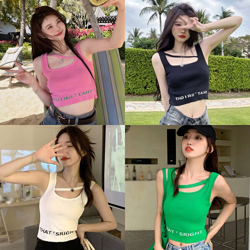 Áo Croptop Dệt Kim Hai Dây In Chữ Phong Cách Hàn Quốc Thời Trang Mùa Hè Cho Nữ