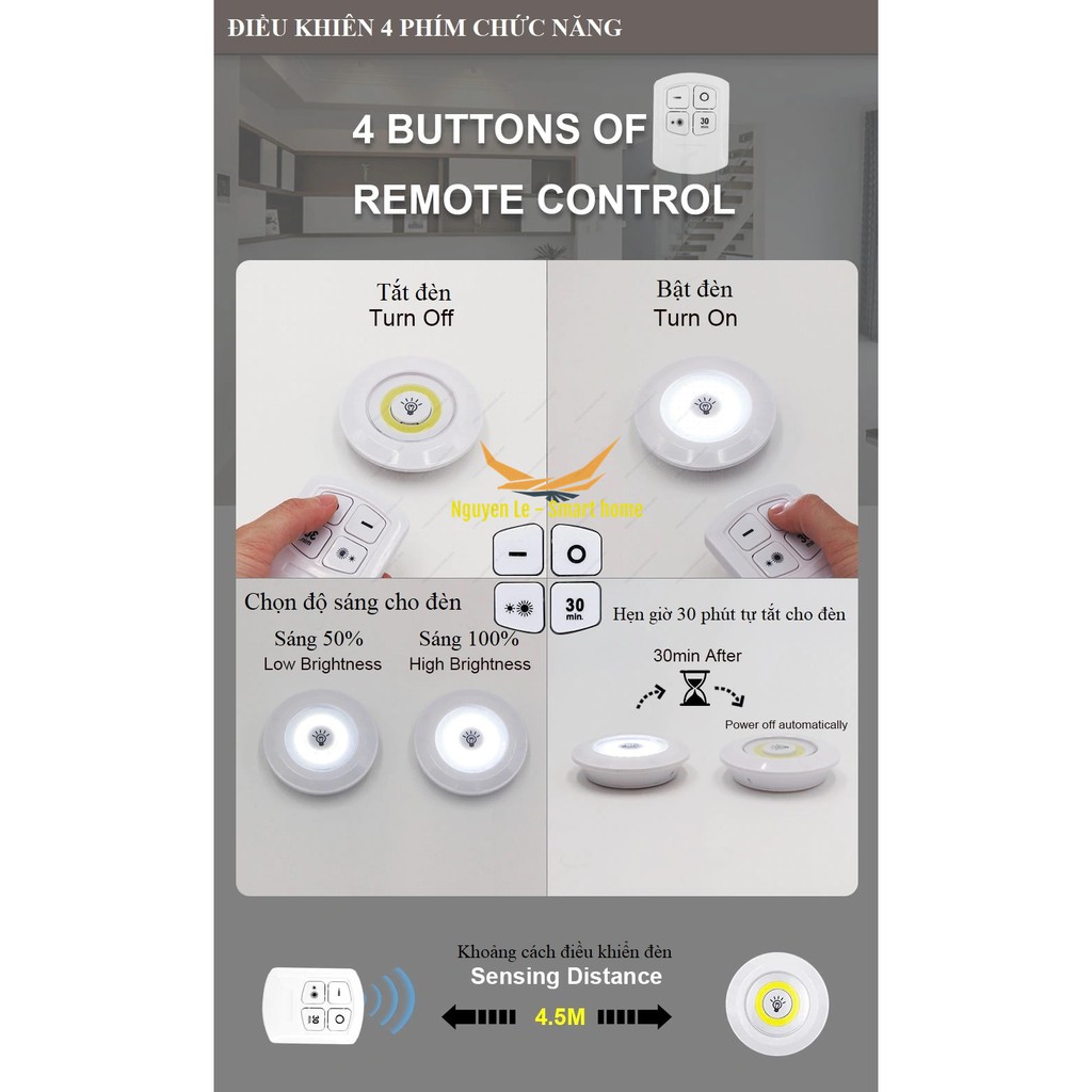 Bộ đèn LED + remote tiện dụng dễ lắp đặt gắn Tủ quần áo + Tủ bếp + Tủ rượu ....