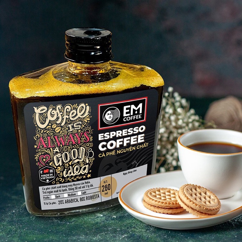 Chai Cà phê Espresso EM Coffee cao cấp 260ml. Hạt cà rang củi nguyên bom.