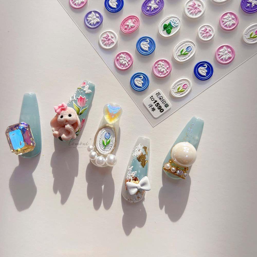 [Hàng mới về] Miếng dán móng tay chuyển nước tự dính khắc nhiều họa tiết tùy chọn 5D phong cách Nhật Bản DIY đáng yêu