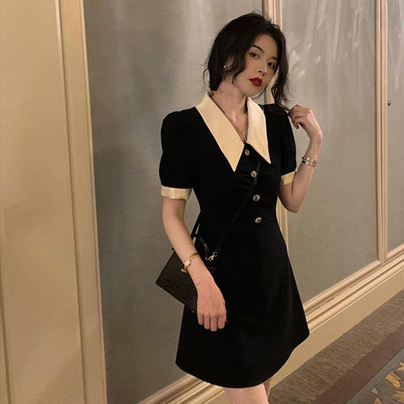 Đầm Dáng Dài Ôm Eo Cao Cổ Peter Pan Màu Sắc Retro Kiểu Pháp Thời Trang Mùa Hè Cho Nữ