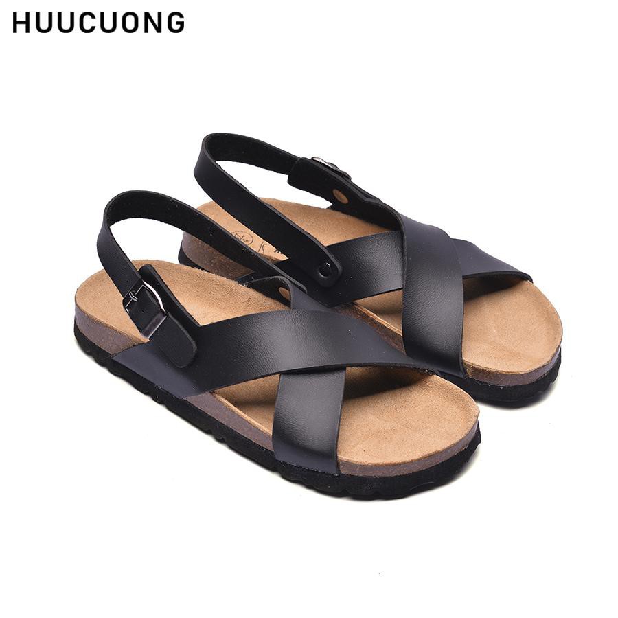 Giày sandal unisex  HuuCuong quai chéo màu đen đế trấu handmade