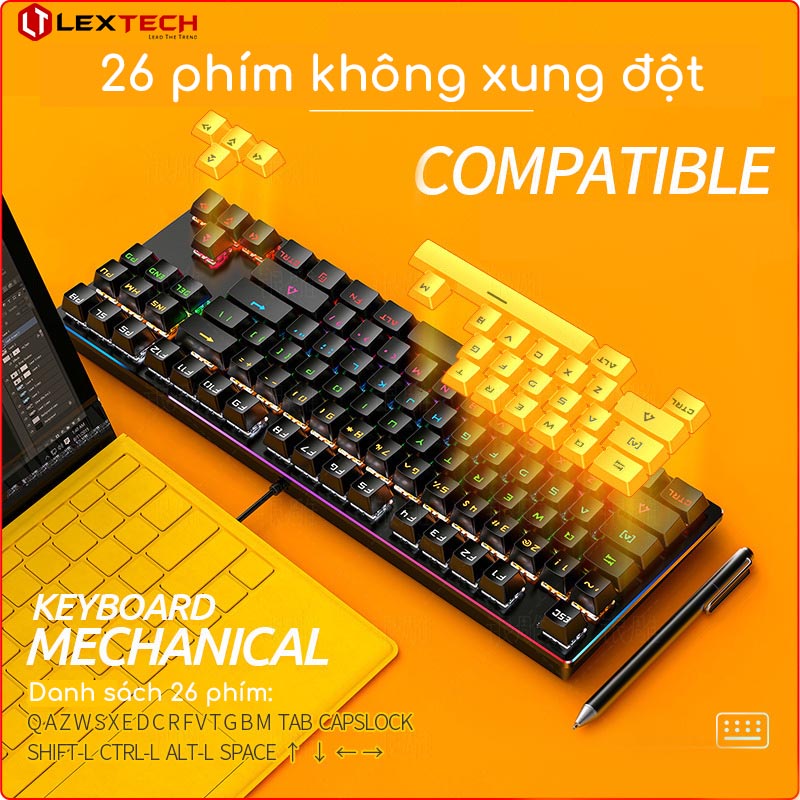 Bàn phím cơ gaming LexTech chơi game máy tính LED 9 chế độ 87 phím cơ chống mỏi tay chuyên cho game thủ