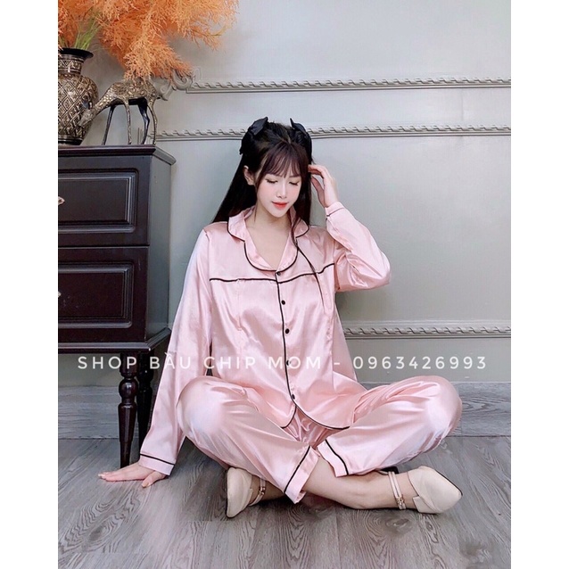 Bộ Lụa Pijama Mặc Bầu và Sau sinh- Chất Lụa gấm đẹp, áo khoá kéo cho bé ti quần chun chỉnh thoải mái