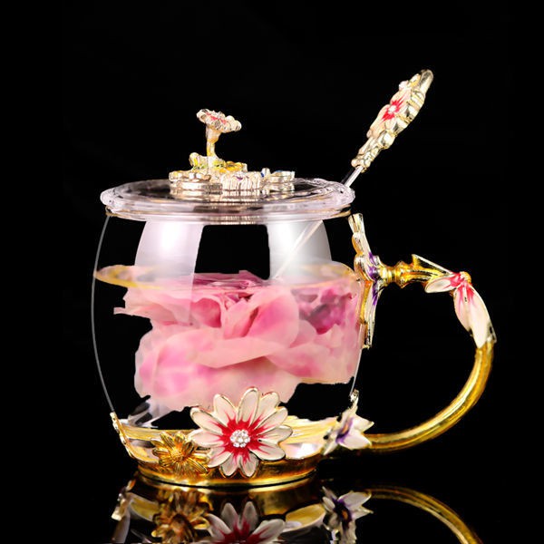 cốc nước men màu gia dụng thủy tinh pha lê cà phê hoa Đai sáng tạo dành cho nữ tách trà Nắp