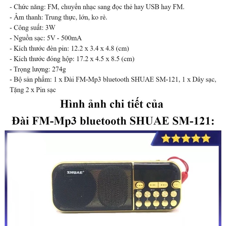 Đài Radio Dùng 2 Pin SHUAE SM-121 Hỗ Trợ Khe Cắm Thẻ Nhớ USB