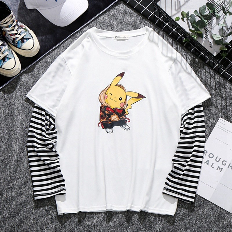 Áo thun giả 2 mảnh cổ tròn dài tay in hình Pikachu 2 màu trắng đen thời trang cho nam nữ