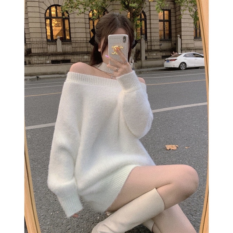 Áo len nữ trễ vai mặc được 2 kiểu cực xinh phong cách ulzzang Hàn Quốc