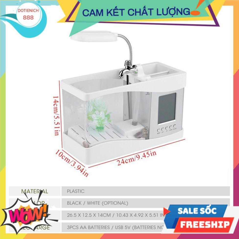 [SALE] Bể cá cảnh mini ,Bể cá để bàn có đồng hồ tặng kèm đá và cây trang trí có đèn Led ( màu đen) -giadung888