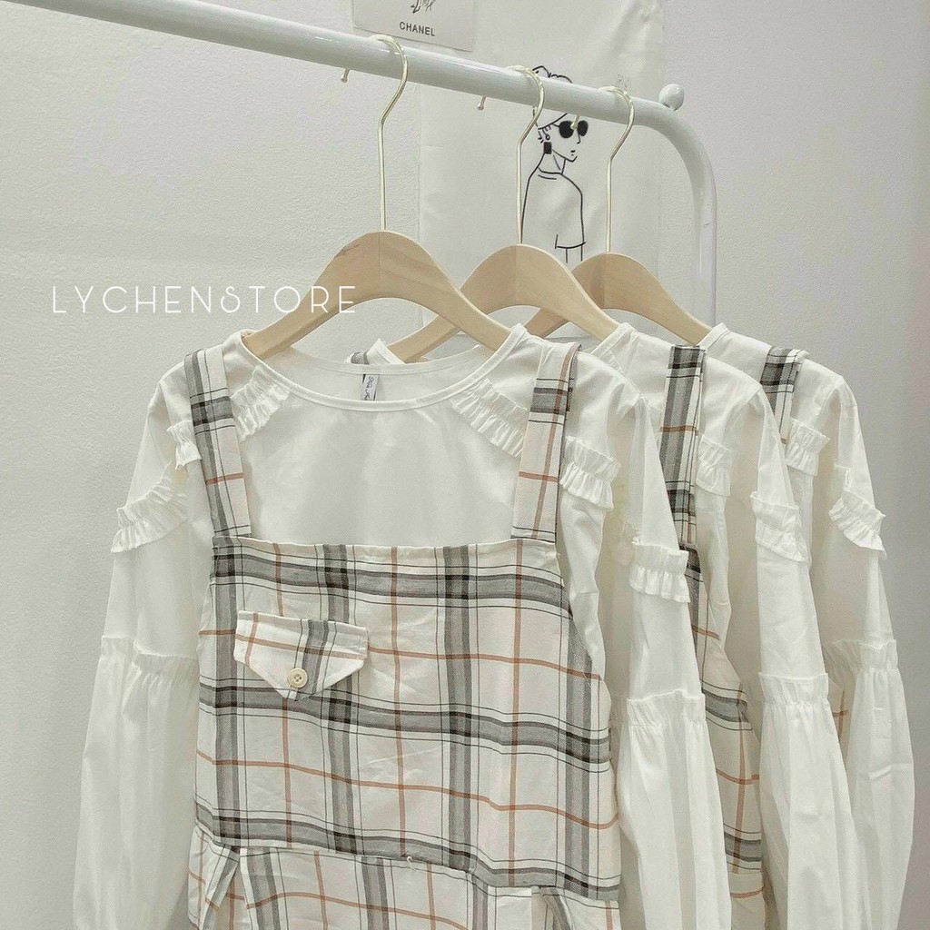 Set đầm yếm caro + áo trắng ( dominic set )