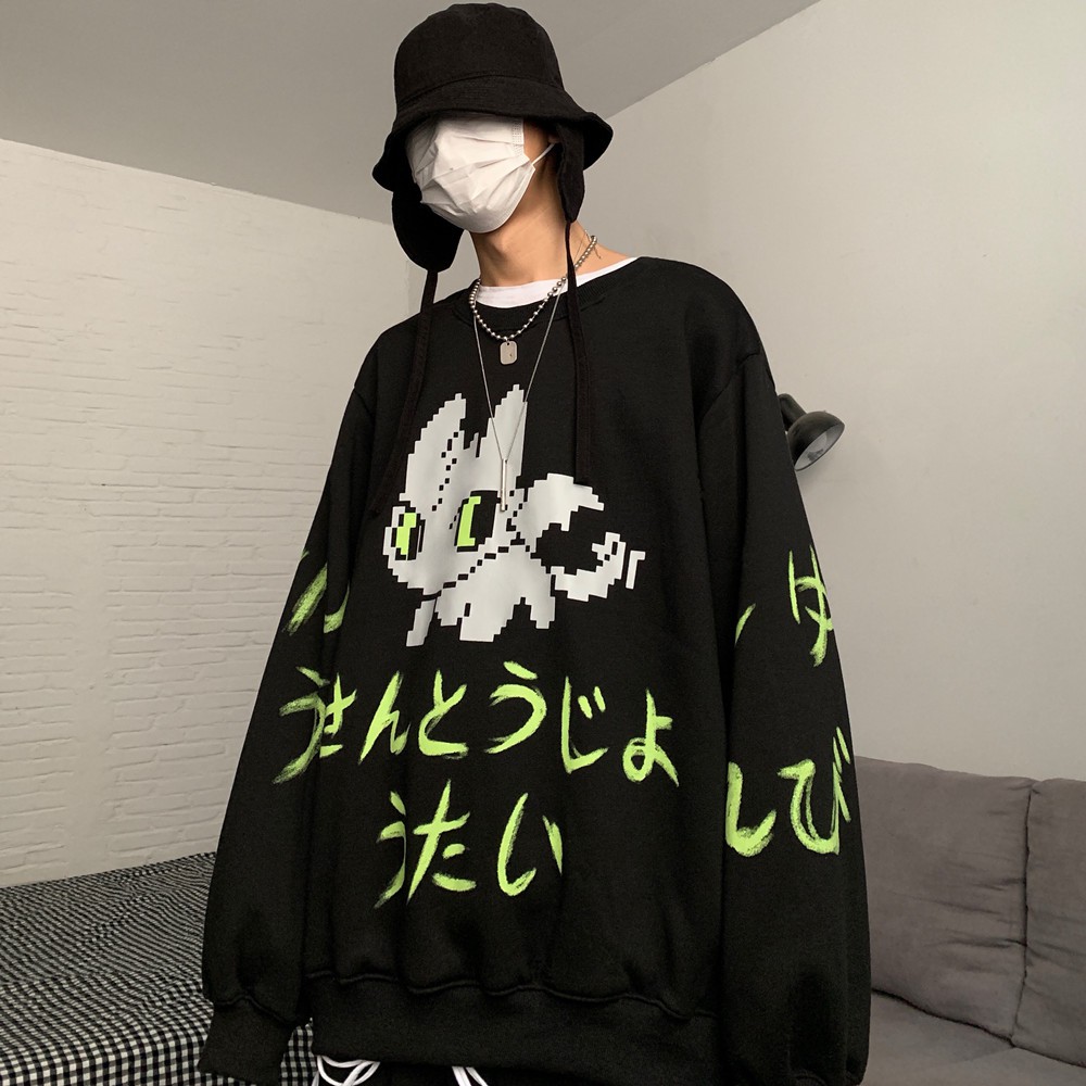 Áo Sweater Dáng Rộng Phối Nhung In Họa Tiết Graffiti Kiểu Hàn Quốc Cá Tính Cho Các Cặp Đôi